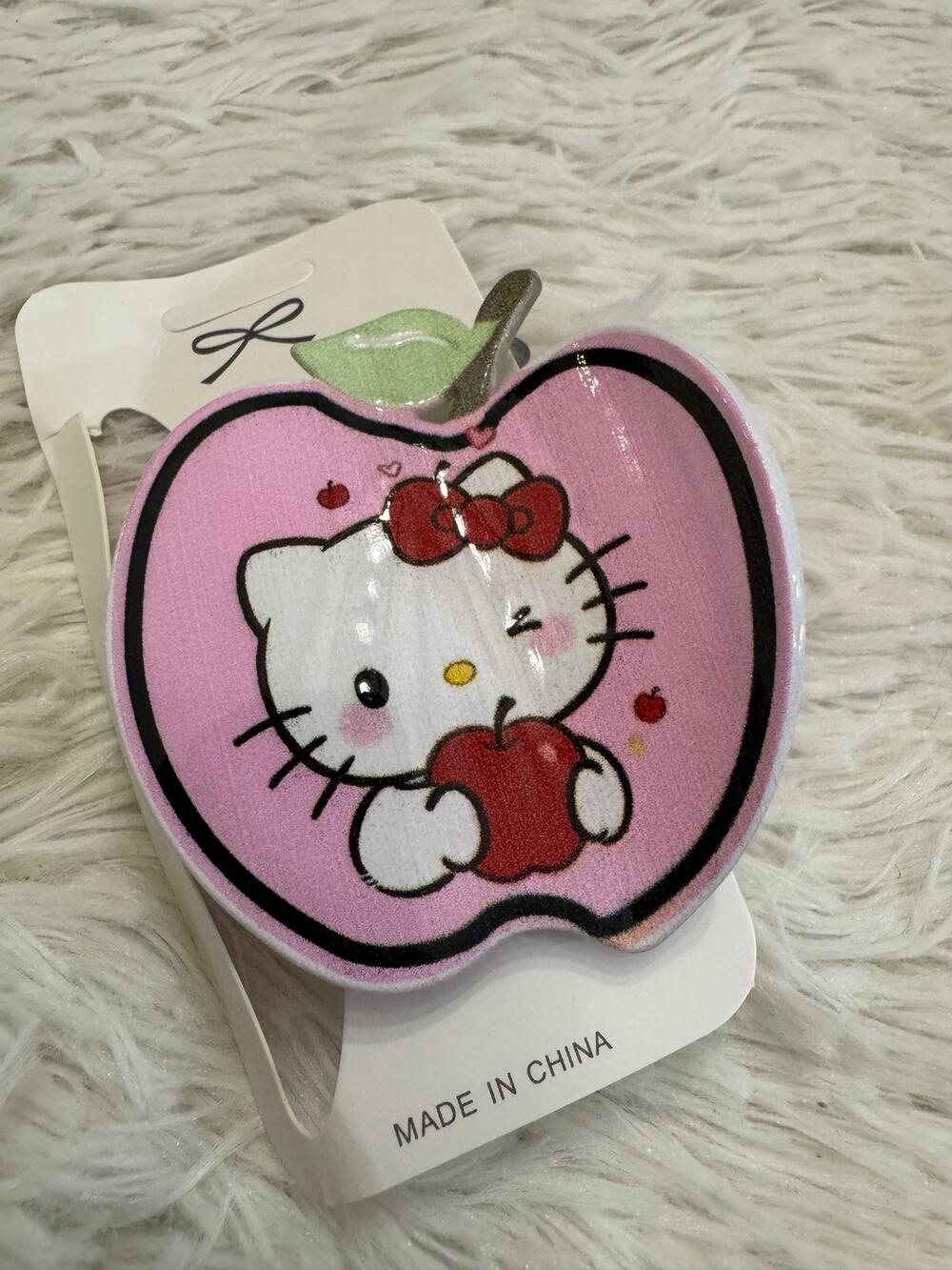 Large Pink apple-shaped hair clip claw with Hello Kitty holding a red apple